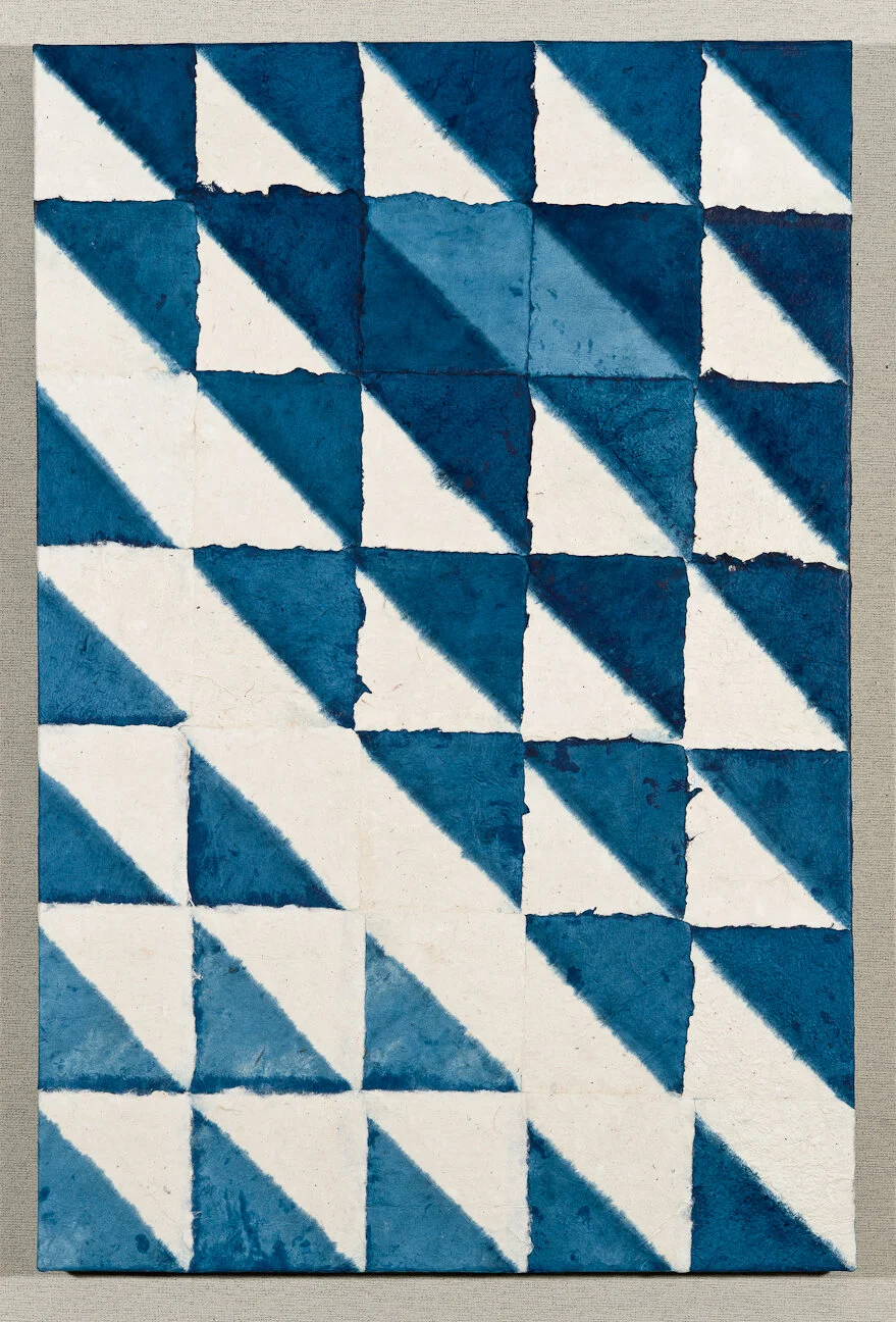 Indigo Dance No 3, Kozo and indigo on canvas, 4' high x 3' wide, 2011
(photo: Scott Kubo)
Click the image to see detail photos