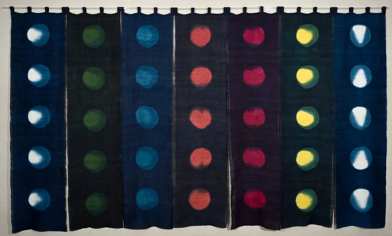 Polychrome Noren, shibori with indigo and natural dyes on handwoven Japanese ramie, 14' wide x 7' high, 2011
(photo: Scott Kubo)
Click the image to see detail photos