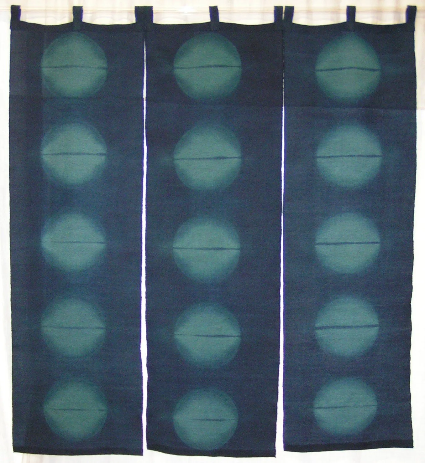 Green Moon Noren, Shibori, indigo and fiber-reactive dye on Japanese silk crepe (chairmen), 36" high x 36" wide