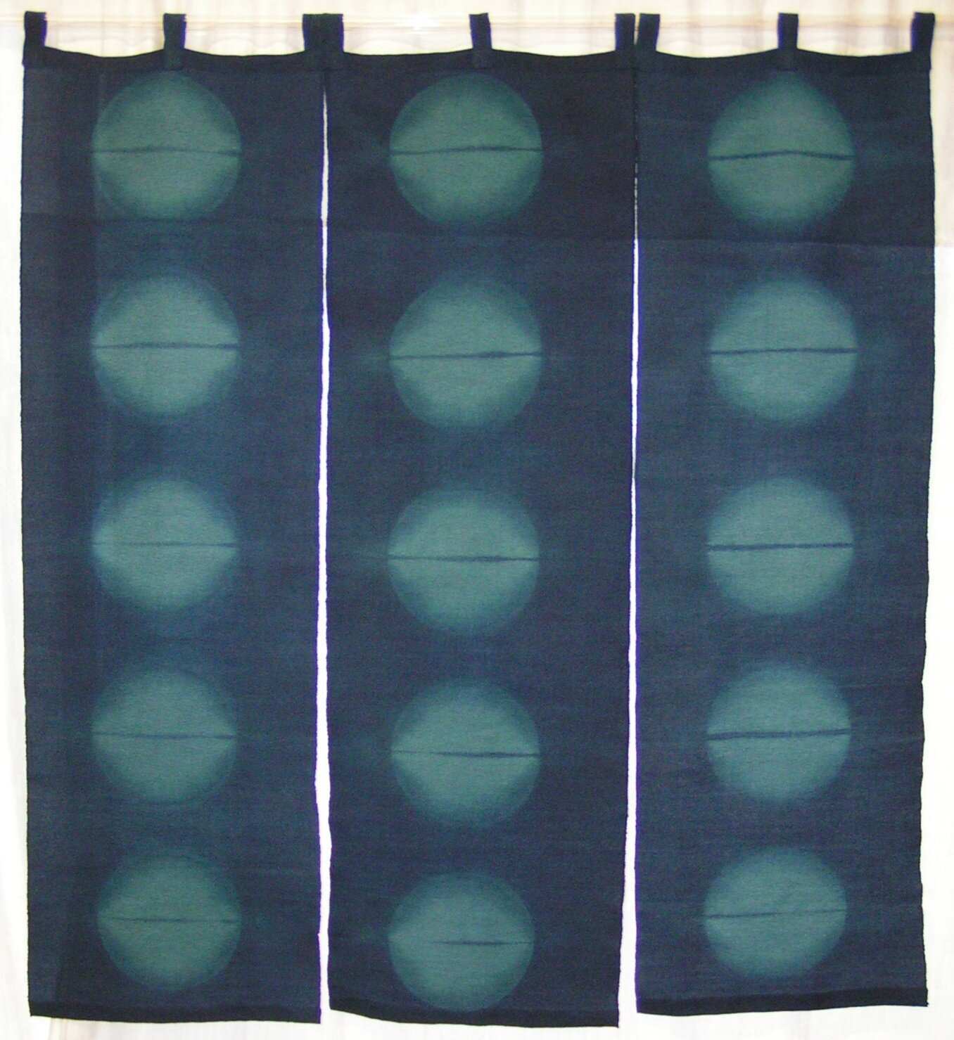 Green Moon Noren, Shibori, indigo and fiber-reactive dye on Japanese silk crepe (chairmen), 36" high x 36" wide, Click the image to see detail photos