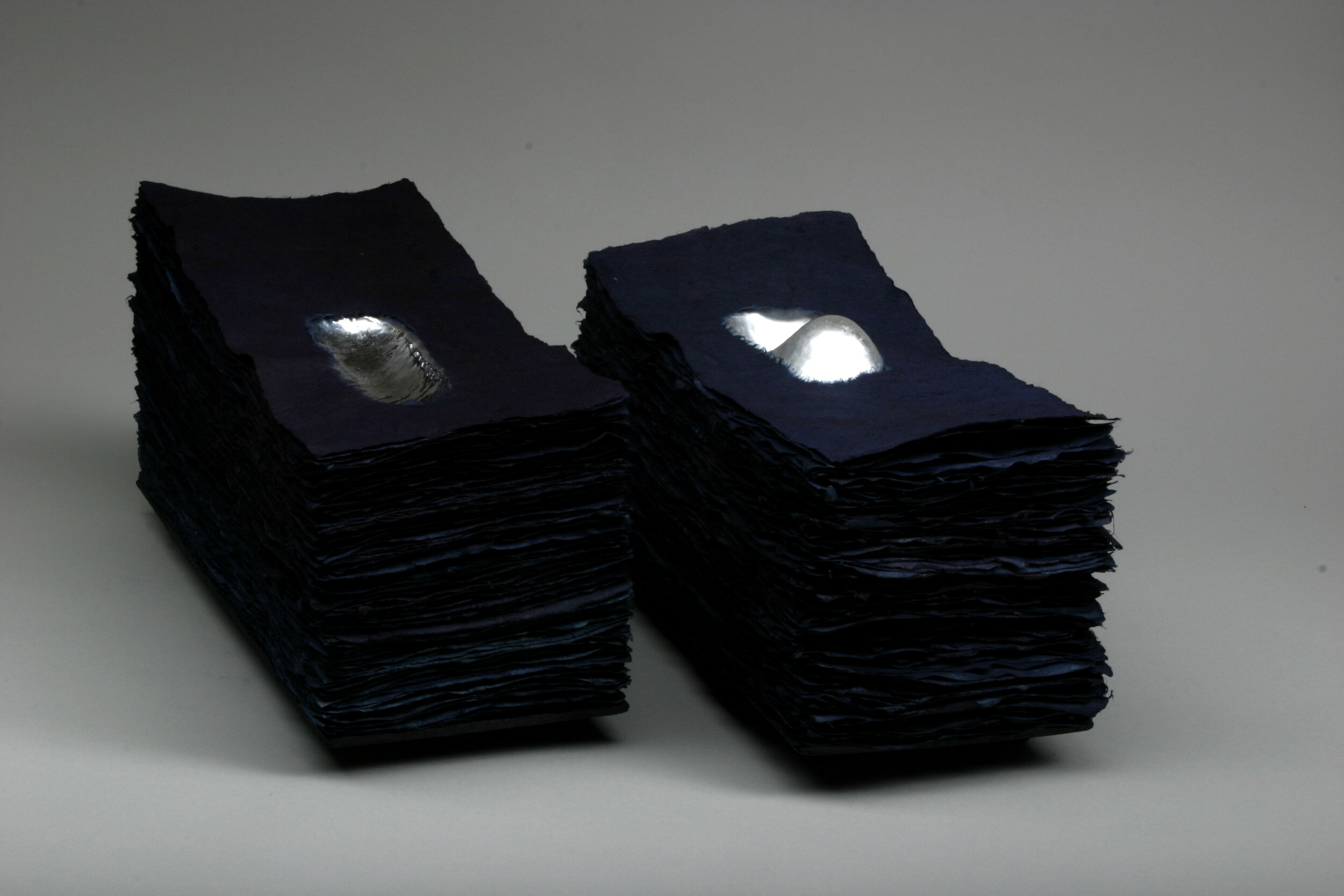 Oblong Stacks, Kozo, indigo and silver, 14" wide x 12" long by 6" deep  
(photo: Shuzo Uemoto)
