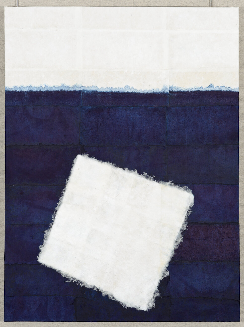 Out of Here, Kozo and indigo on canvas, 4' high x 3' wide, 2011
(photo: Scott Kubo)
Click the image to see detail photos