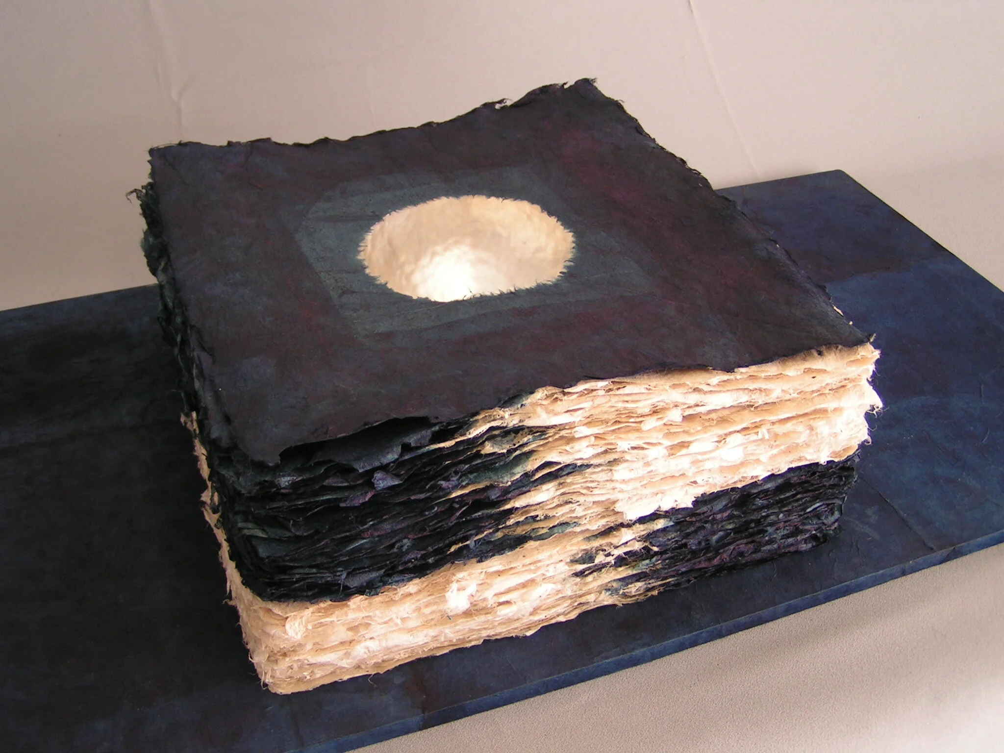 Large silver Bowl, Handmade kozo (mulberry) paper and indigo and hammered silver, 12" long x 12" wide x 8" high, Click the image to see detail photos