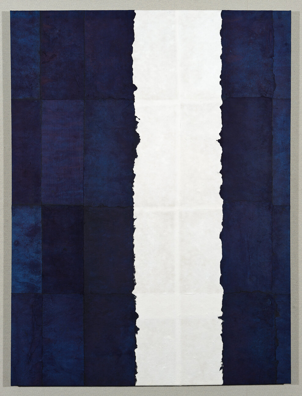 White Stripe No. 2, Kozo and indigo on canvas, 4' high x 3' wide, 2011
(photo: Scott Kubo)
Click the image to see detail photos
