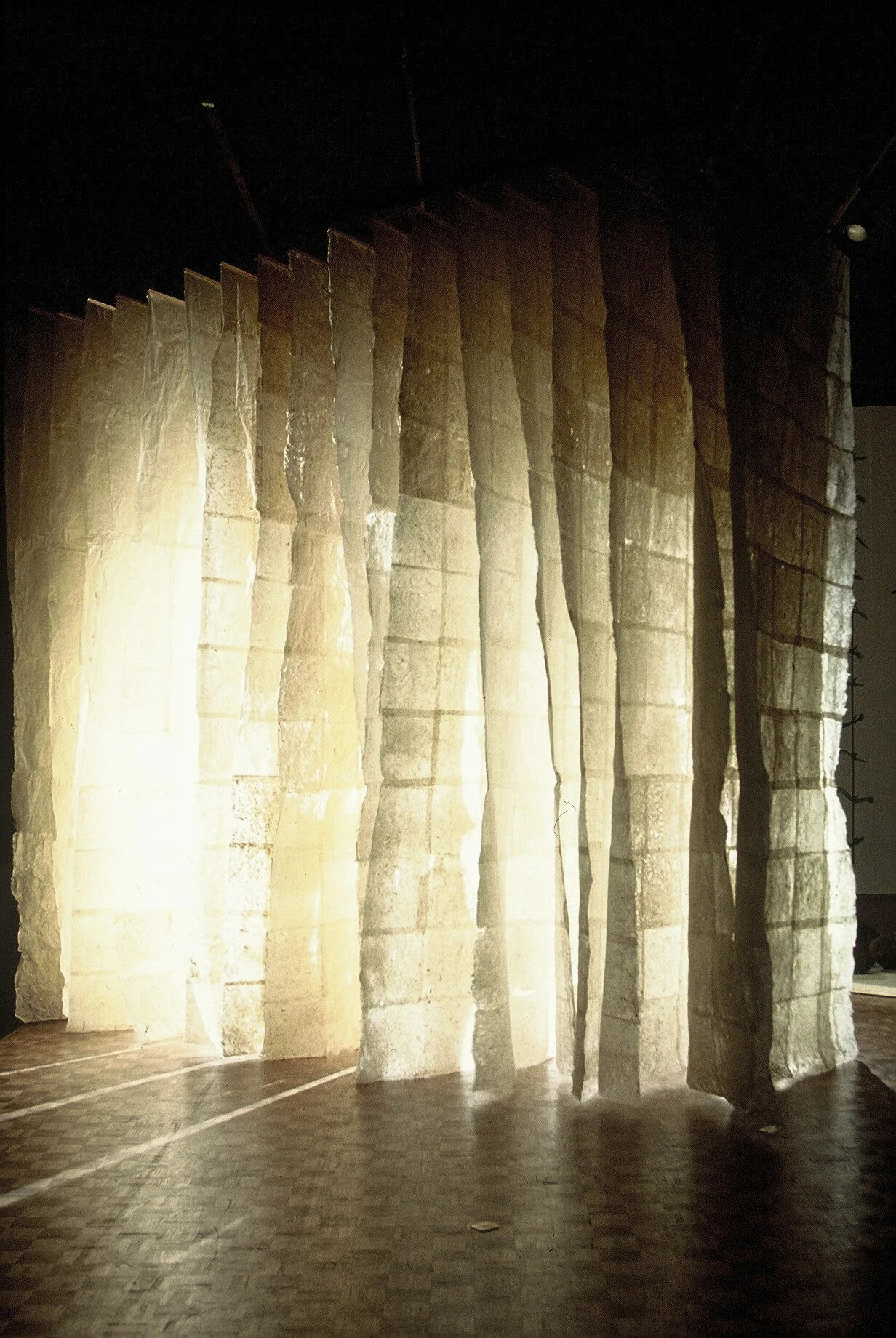 Paper Light Sculpture, Kozo (mulberry) composite sheets, Overall size 12' high x 6' wide x 20' deep, 1998
(photo: Brad Goda)