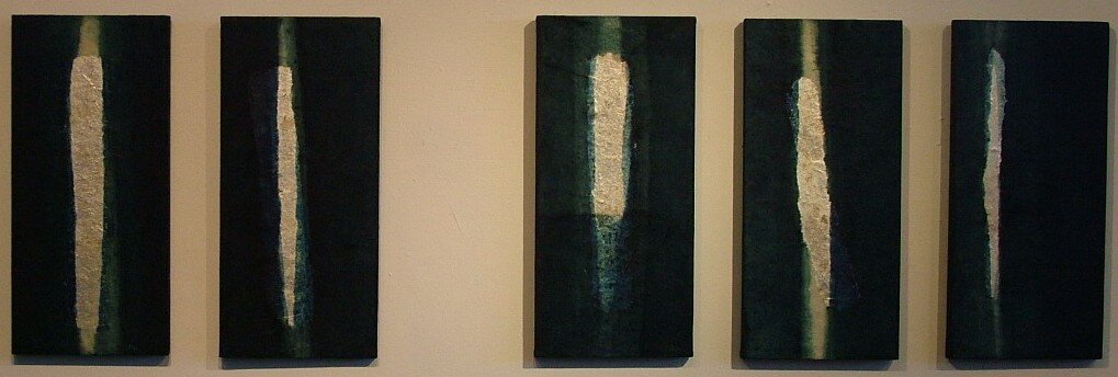 Indigo Slices, Kozo, silver leaf and indigo on board, 36" wide x 12" high, Click the image to see detail photos