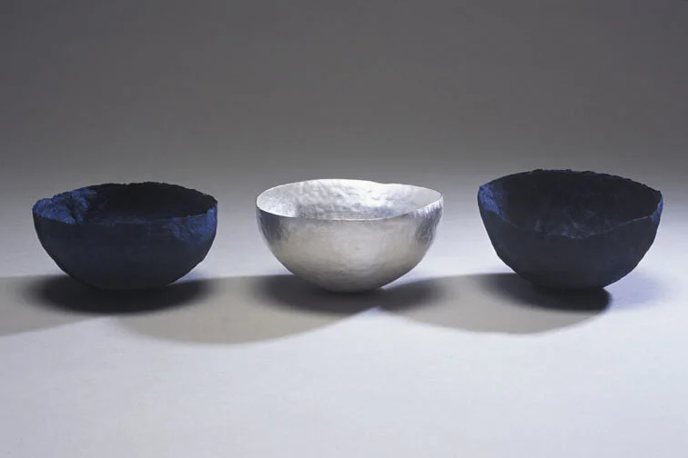 Three Bowls, Kozo, indigo and silver, 18" wide x 6" deep x 4" high
(photo: Shuzo Uemoto)