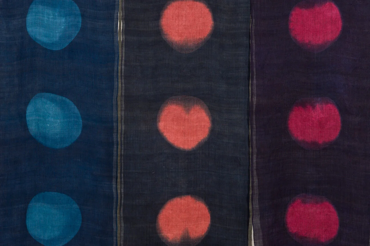 Polychrome Noren (detail) , Shibori and indigo and natural dyes on handwoven Japanese ramie, 14' wide x 7' high, 2011  (photo:  Scott Kubo)