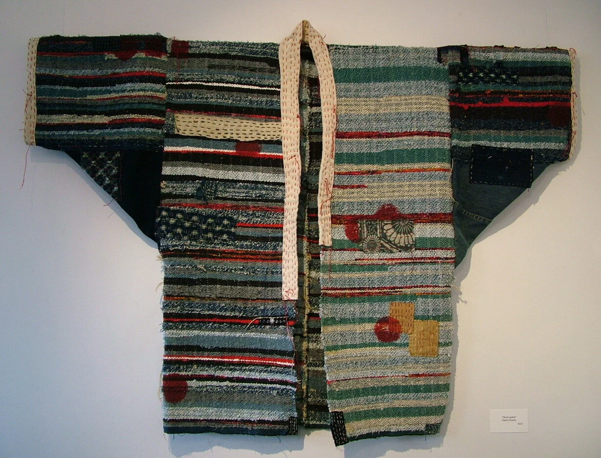 Work Jacket (Hanten), reused denim, rag-woven (saki ori), stamping, jean labels, hand-sewn, 44" high x 40" wide, 2006