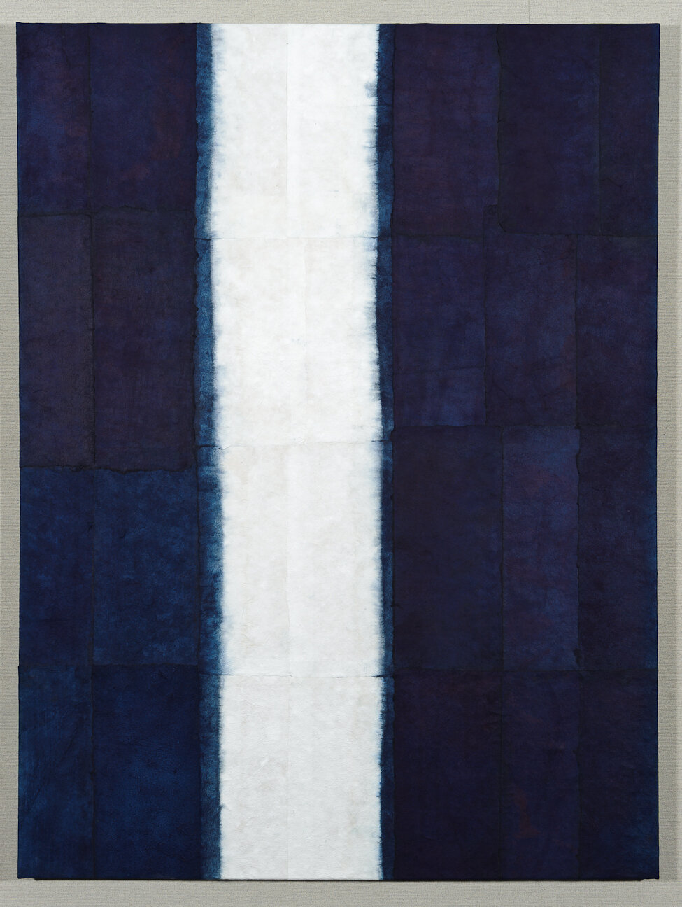 White Stripe No. 1, Kozo and indigo on canvas, 4' high x 3' wide, 2011
(photo: Scott Kubo)
Click the image to see detail photos