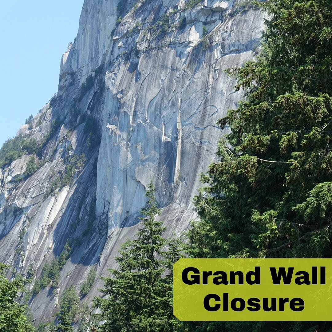 Grand Wall closure
As a result of the rockfall on Sunday BC Parks are temporarily closing the Grand Wall route, some climbs at the base, and the some of the boulders on the slope below the wall. It is likely that the areas affected will change as BC 