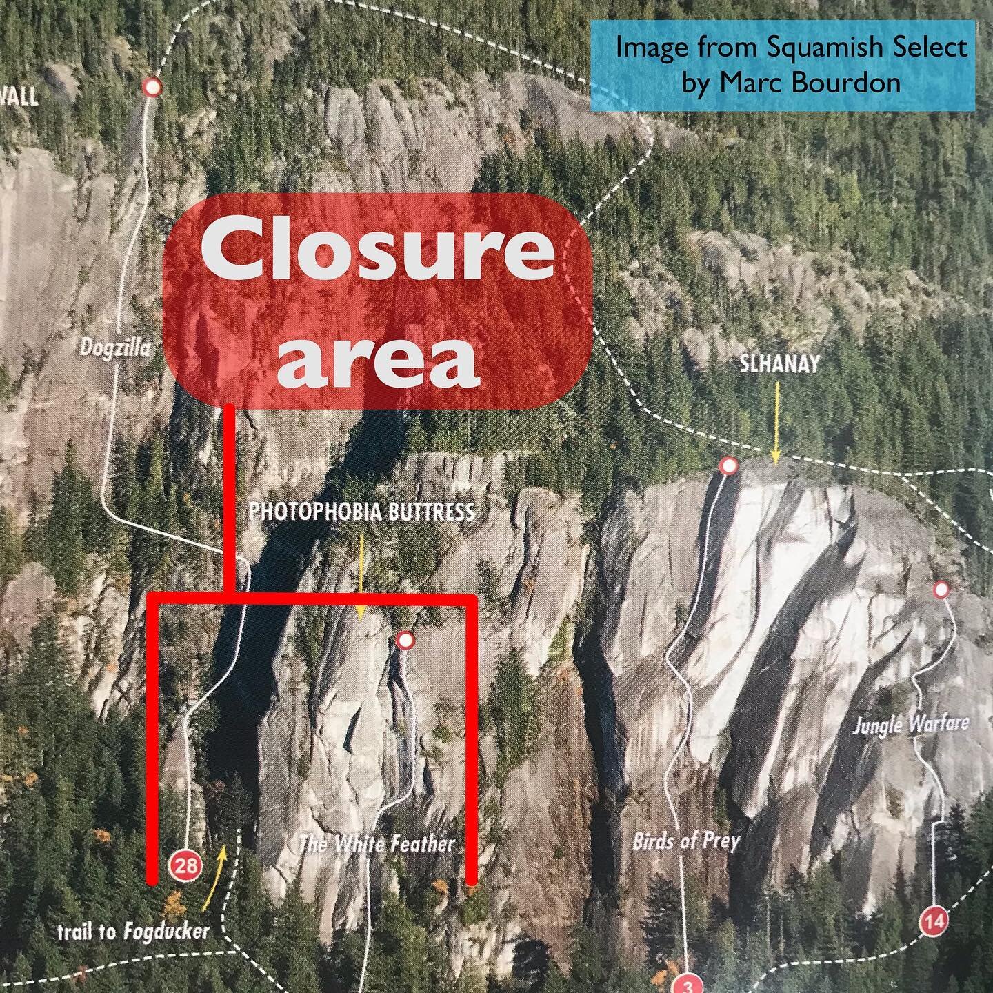 Slhanay closure:
After rockfall earlier this week on the Photophobia buttress, BC parks has temporarily closed some of the climbs on Slhanay. The area affected runs left to right from Dogzilla(5.11b) to The White Feather(5.11d)/The Dean Channel(5.11b