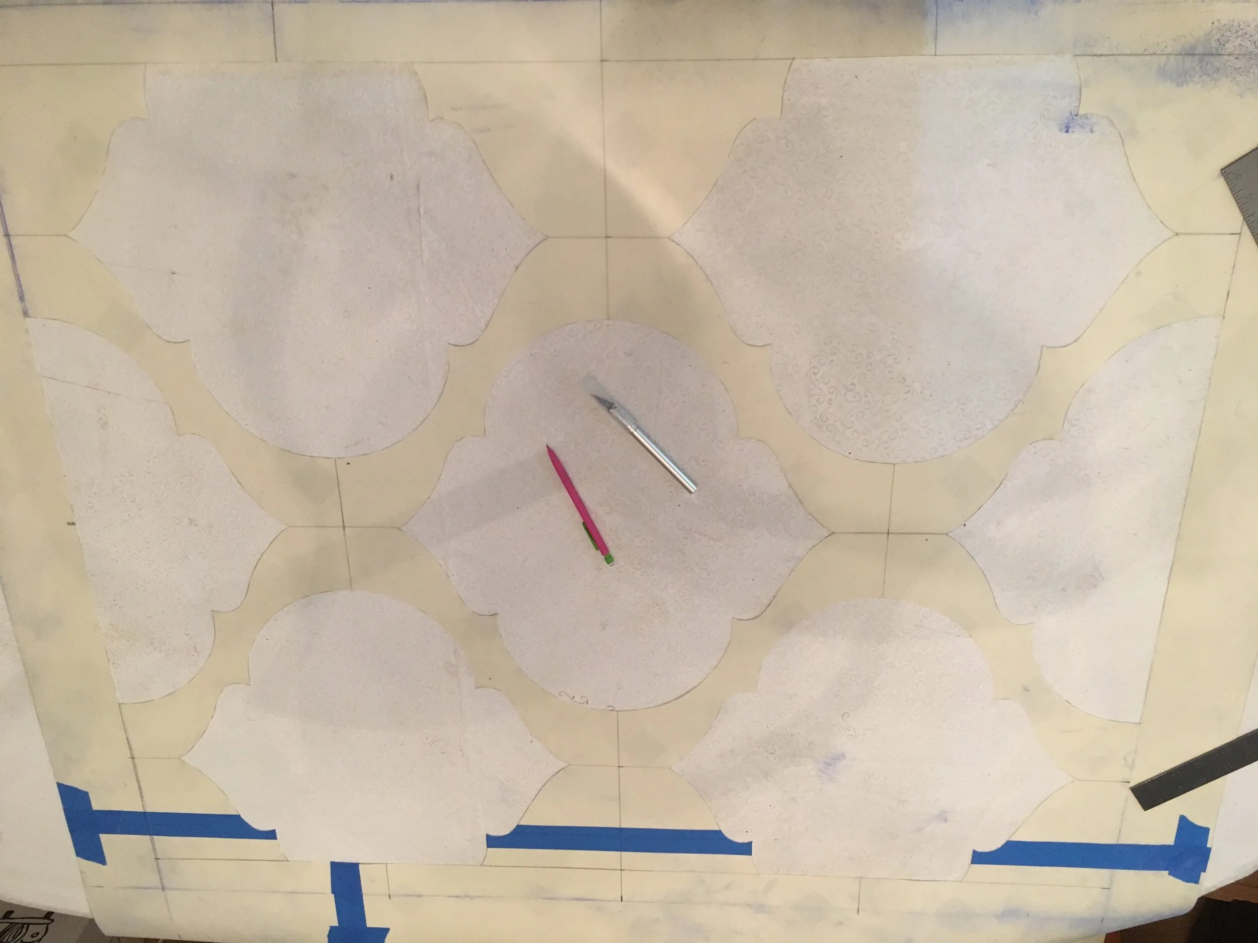 Morningside, Georgia Ensemble Theatre & Conservatory 2017, painted faux rug stencil (process)