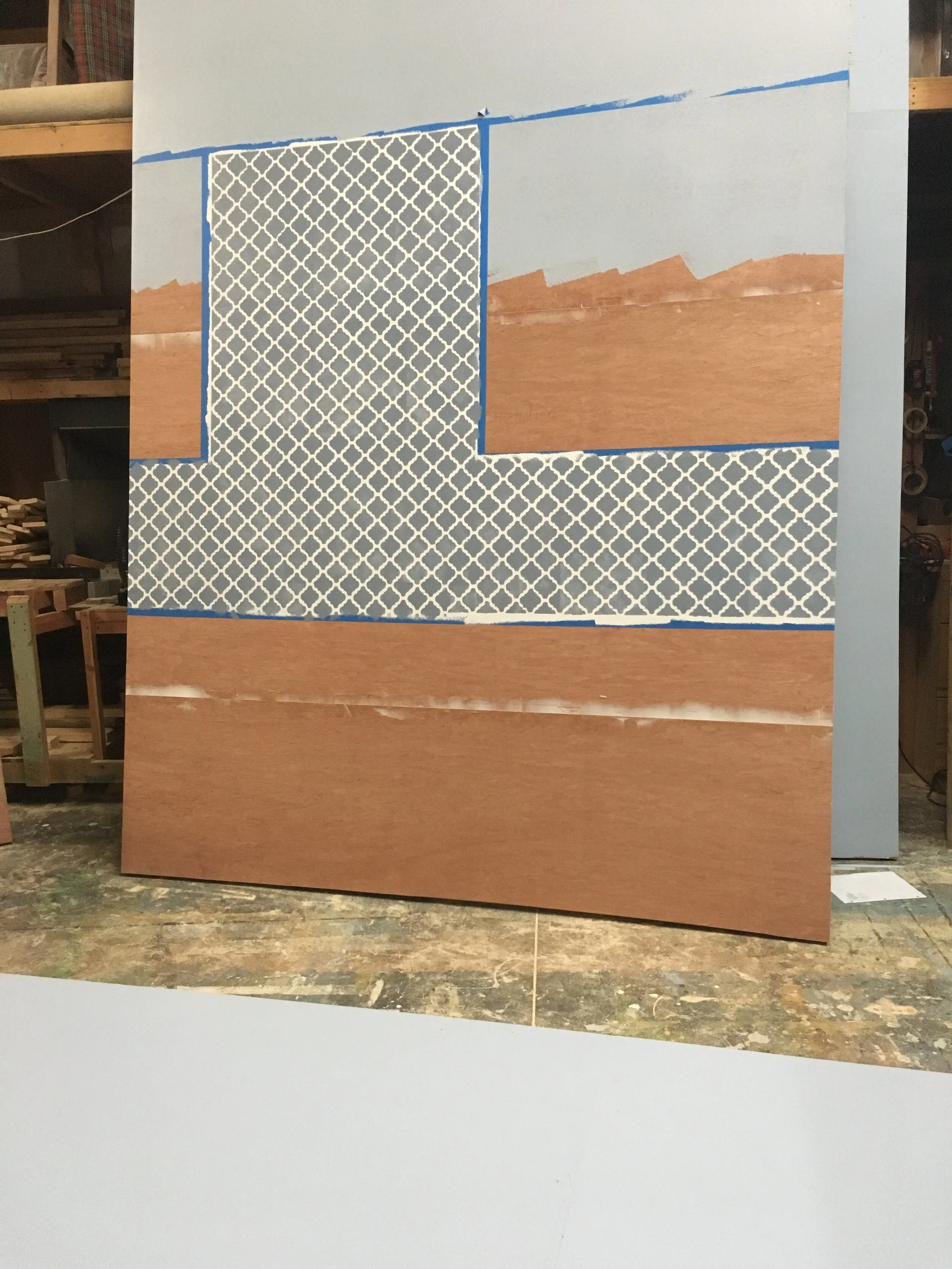 Morningside, Georgia Ensemble Theatre & Conservatory 2017, kitchen backsplash stencil (in application)