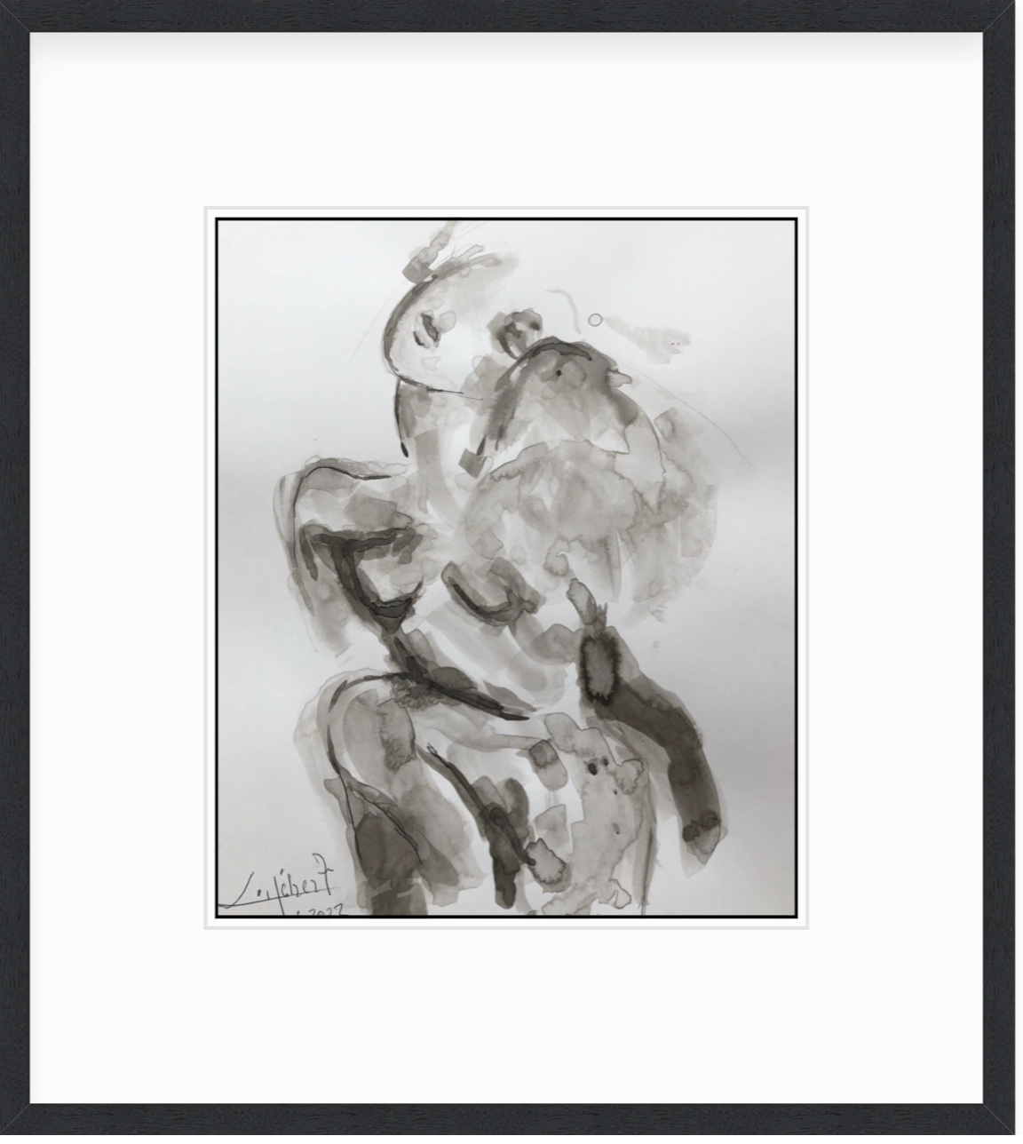 Monochrome abstract watercolor painting of a human figure with fluid, expressive brushstrokes in a black frame.