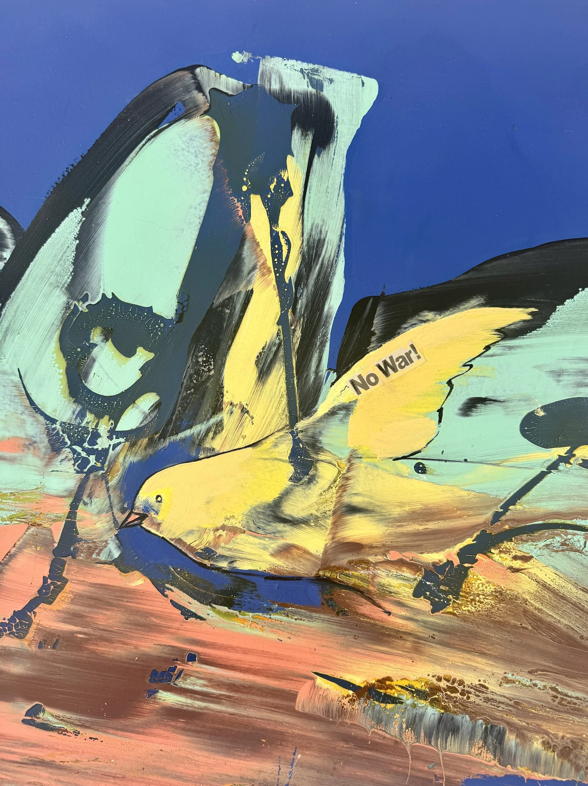 No War | Mixed media on metal | 23 × 35 
 in
