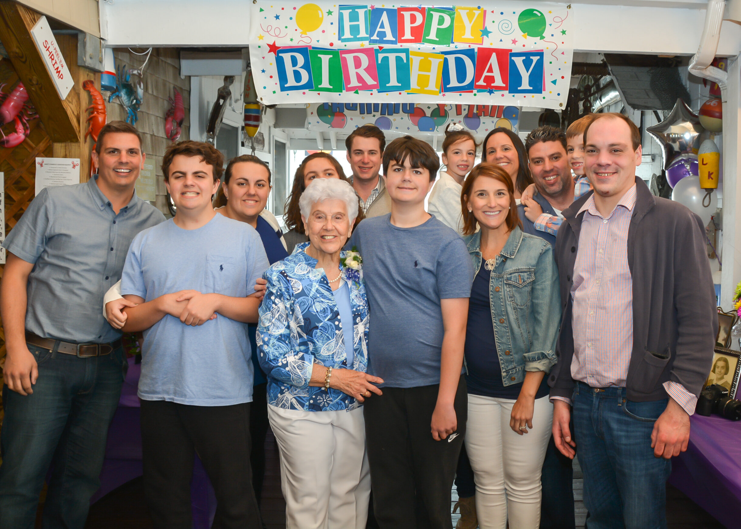  Celebrating Gram’s 90th birthday at Mike’s Dock Restaurant. From left, Mike Deery, Mikey Monichetti, Mary Kate Monichetti, Kara Mia Monichetti, Alex Minkoff, Mary Monichetti, Luke Monichetti, Chrissy Minkoff, Mary Jo Libro, Mary Beth Libro, John Lib