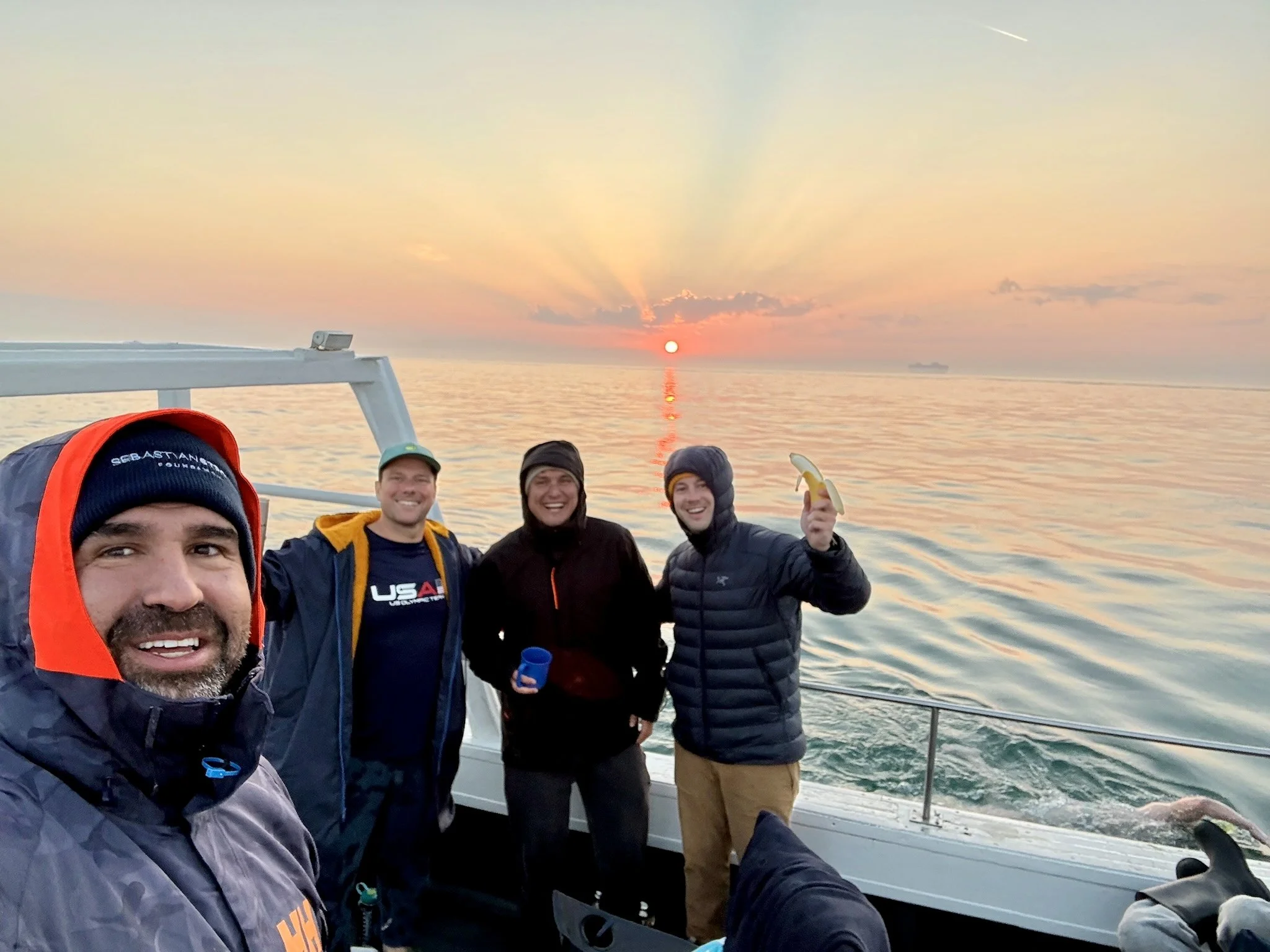 Daylight finally: Frank Quesada, Joe Chiarantona,  Brady Mosk, and John McGinley.