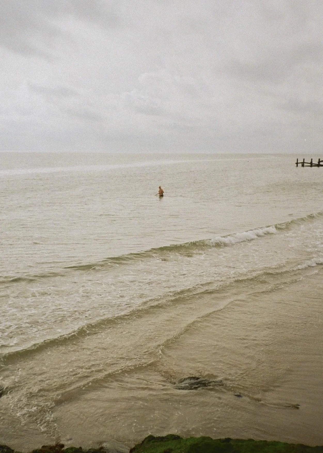 A person standing in the ocean near the shoreline on a cloudy day, with a pier in the background.