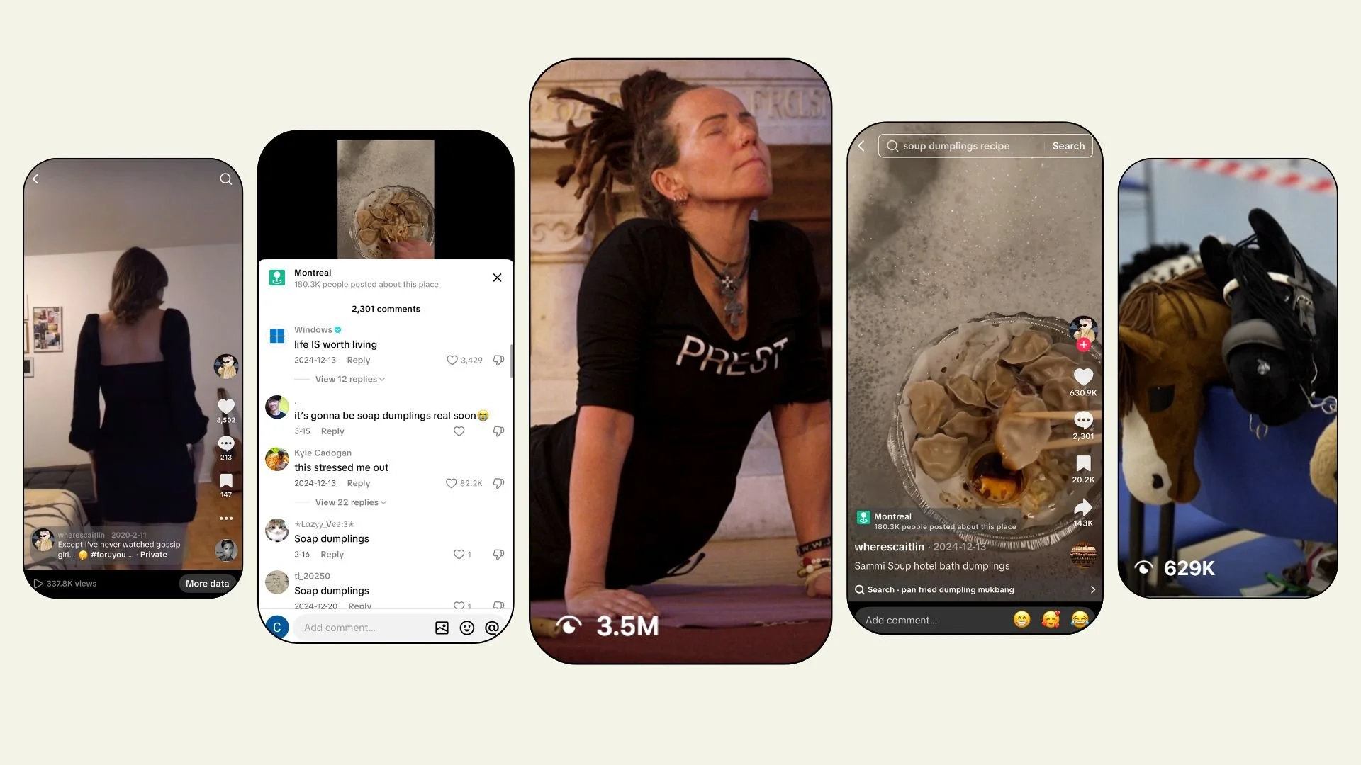 Screenshot collage of TikTok videos featuring soap dumplings, a woman with dreadlocks in a black shirt, and a pile of stuffed animals and shoes.