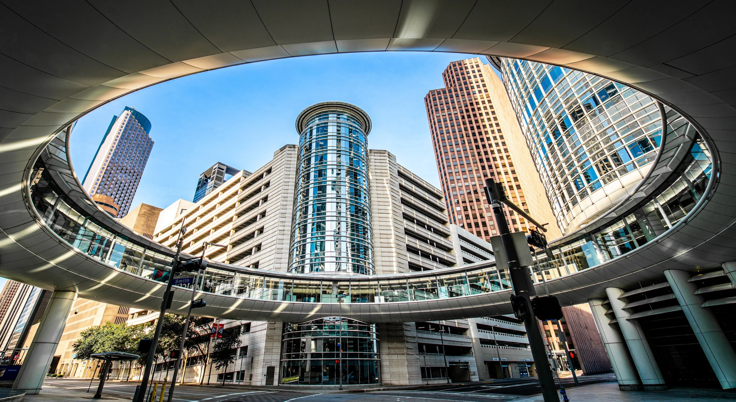 Chevron Houston Headquarters and Skywalk Taken with a Wide Angle Lens / Houston, TX