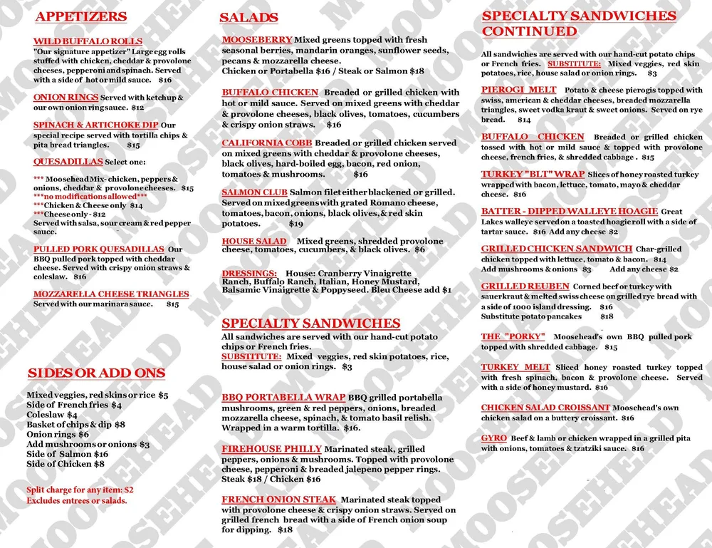 Menu — MOOSEHEAD HOOF & LADDER RESTAURANT