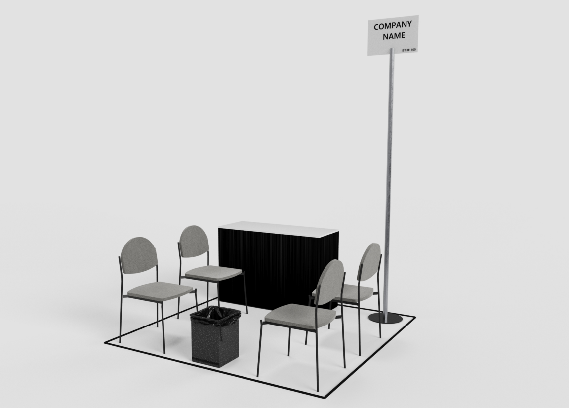 At 36 square feet, your cafe space is an intimate alternative to a traditional booth with a 4-foot skirted table and four side chairs.