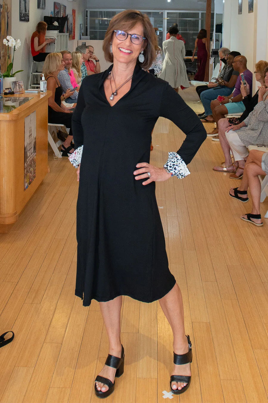 Long Sleeve Black V Neck Jersey Dress 
