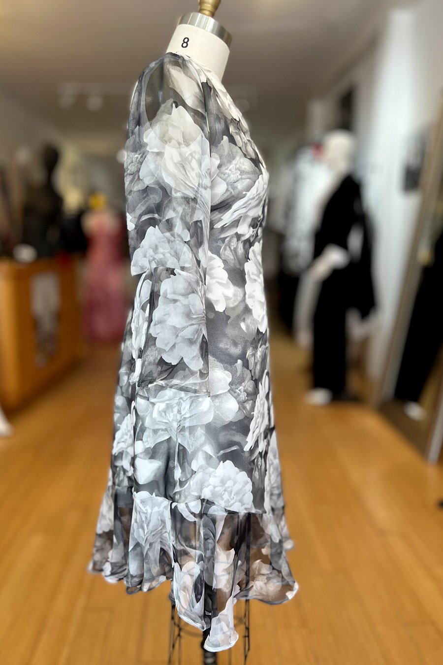 Floral knee length silk chiffon dress with asymmetrical ruffle