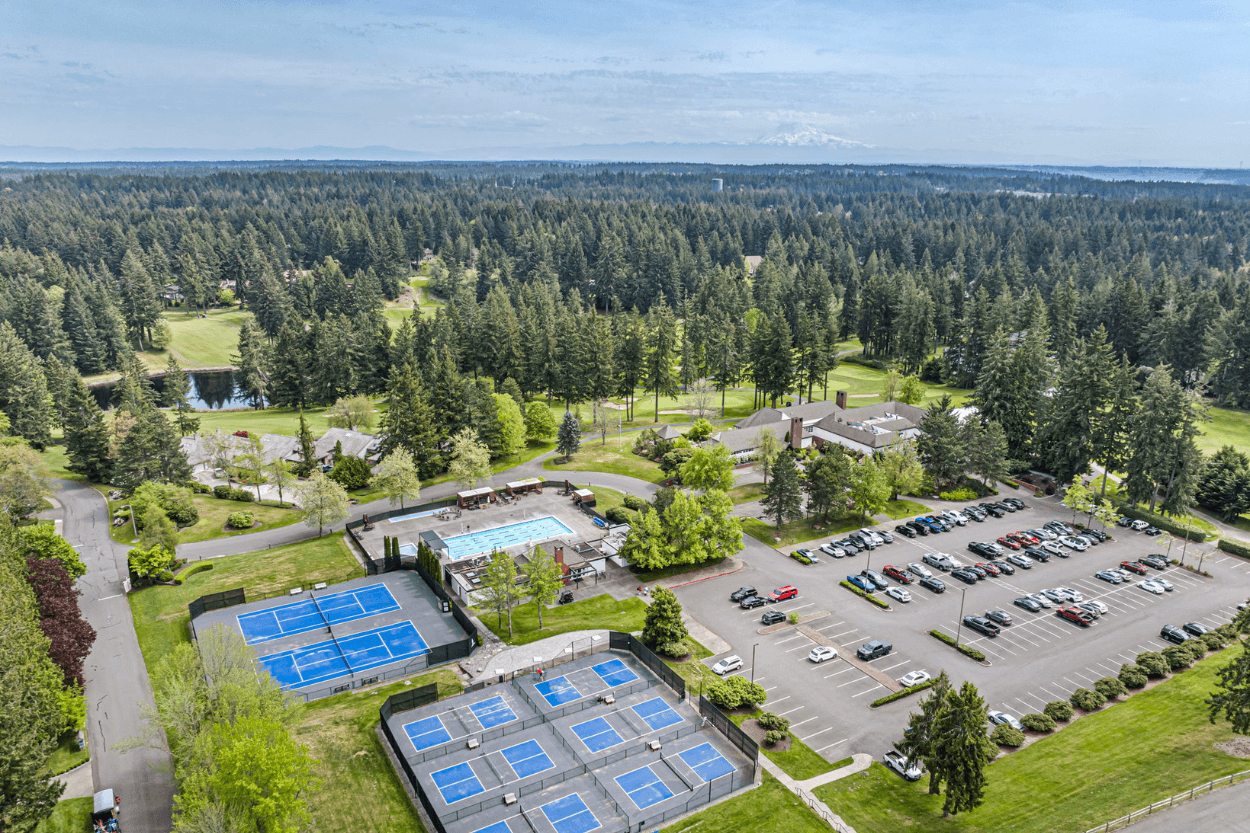 Aerial view of Canterwood golf course community homes in Gig Harbor, WA
