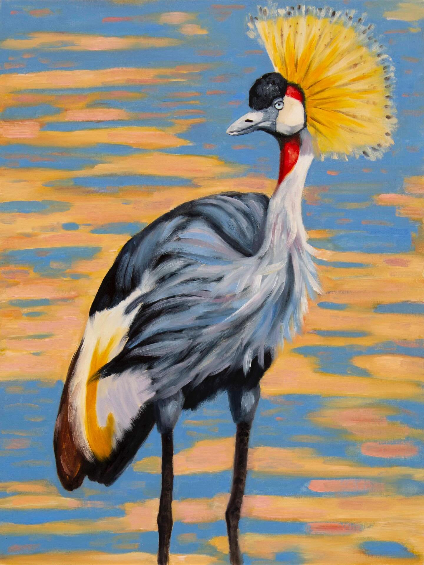 Grey Crowned Crane from &ldquo;The Painted Safari&rdquo; series, 16x12 inches, oil on panel. Available!