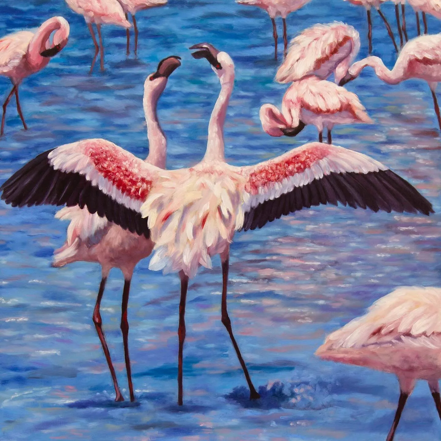 Flamingo Mingle from &ldquo;The Painted Safari&rdquo; series, 20x20 inches, oil on panel. Swipe for close ups &amp; to see the reference photo taken in 2003 in Tanzania.

Currently on view @artworksrva in the September All Media Show through October 