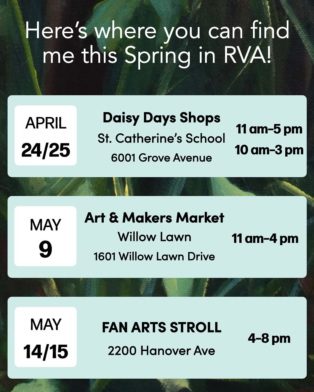 It&rsquo;s time for some spring markets! Here&rsquo;s where you can find me over the next several weeks:

🌼 Daisy Days shops at St. Catherine&rsquo;s school (inside the Kenny Center)
Friday, April 24th from 11am&ndash;5pm
Saturday, April 25th from 1