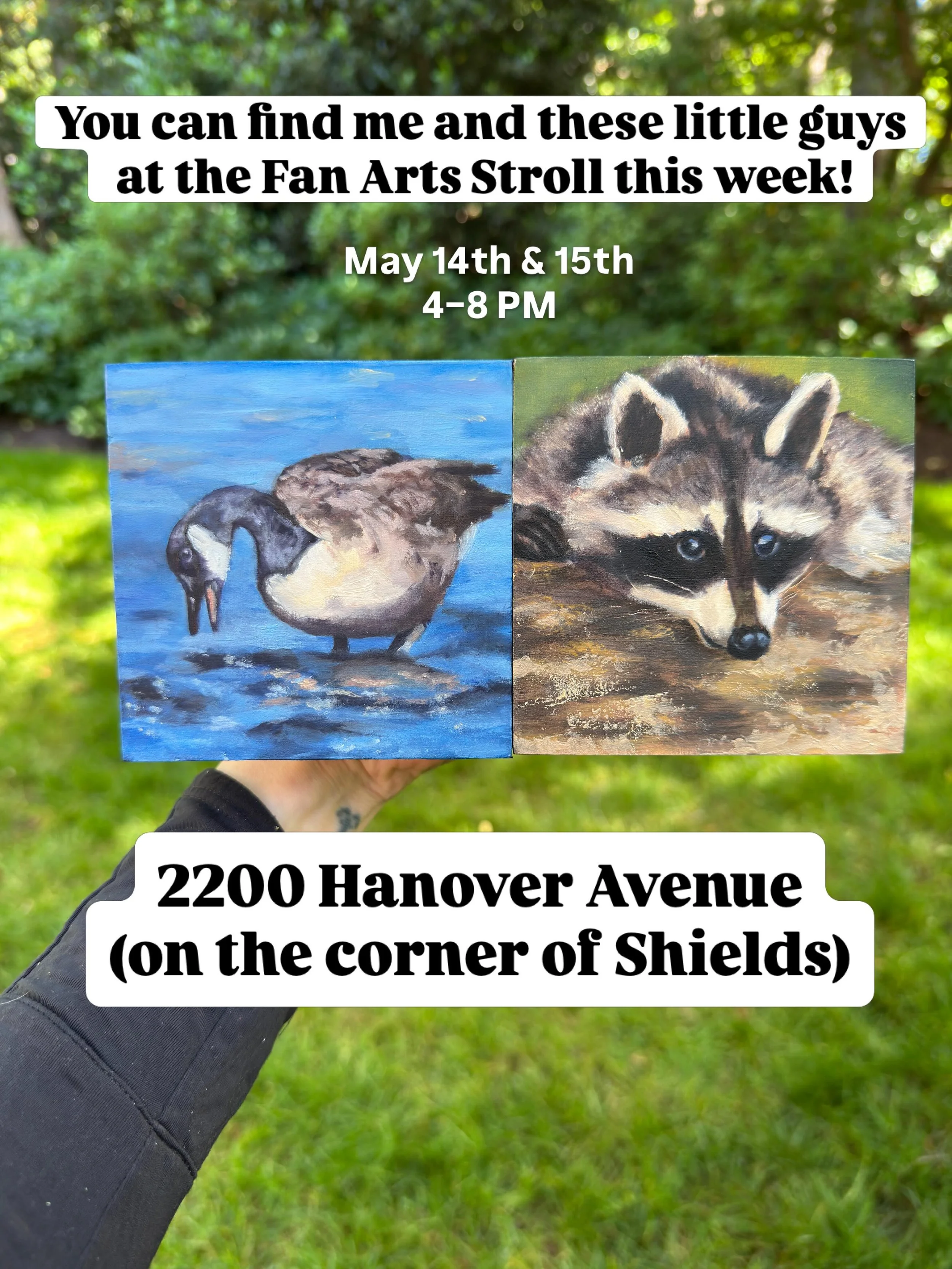 Fan Arts Stroll is this week!! You can find me at 2200 Hanover Ave on Thursday and Friday May 14th &amp; 15th from 4&ndash;8 PM with my zoo of animal paintings looking for their new home!
🦁🐯🐻🤗

@fanartsstroll