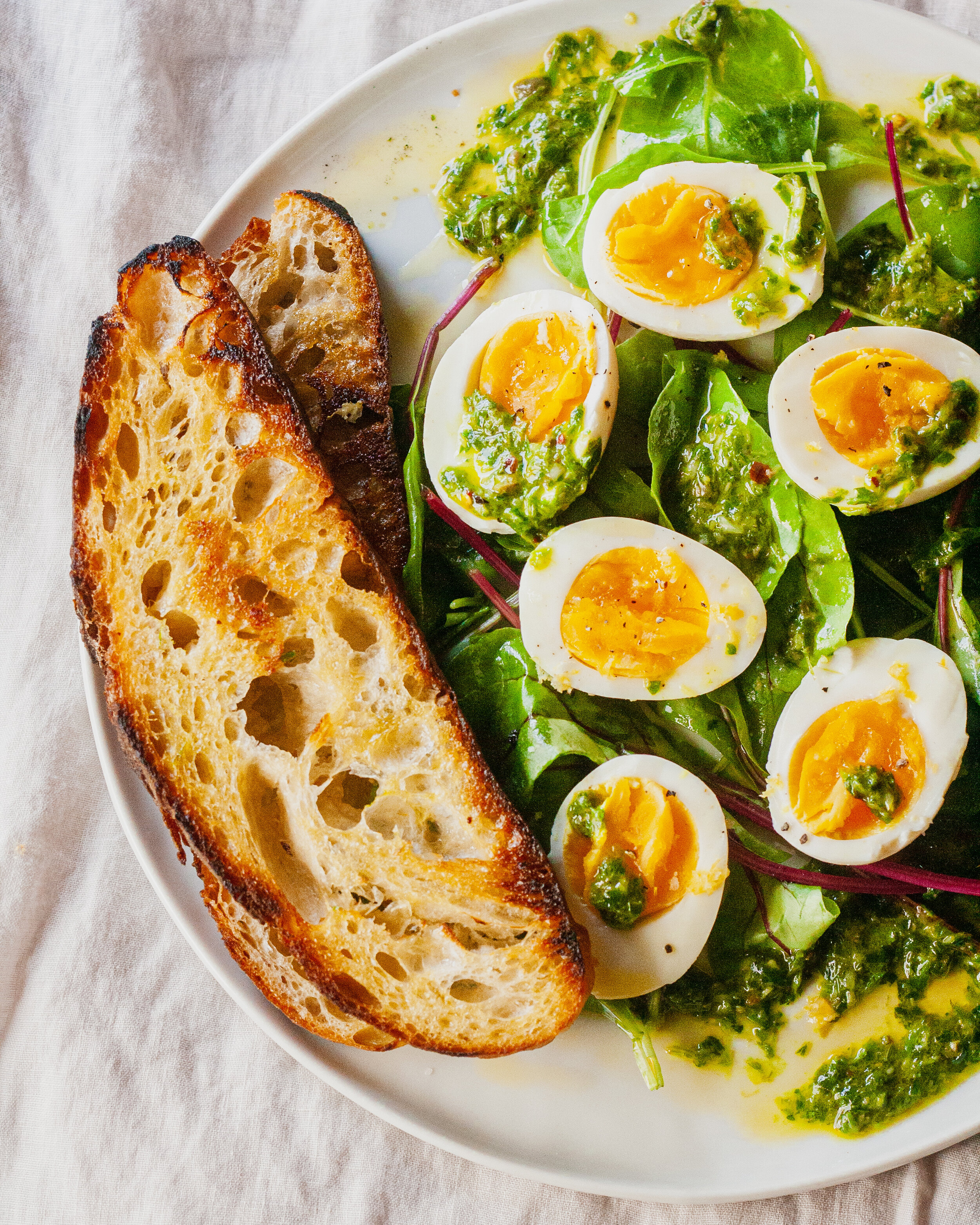 For Local Roots: Soft-Boiled Eggs with Spring Salsa Verde, Salad Greens, and Grilled Bread