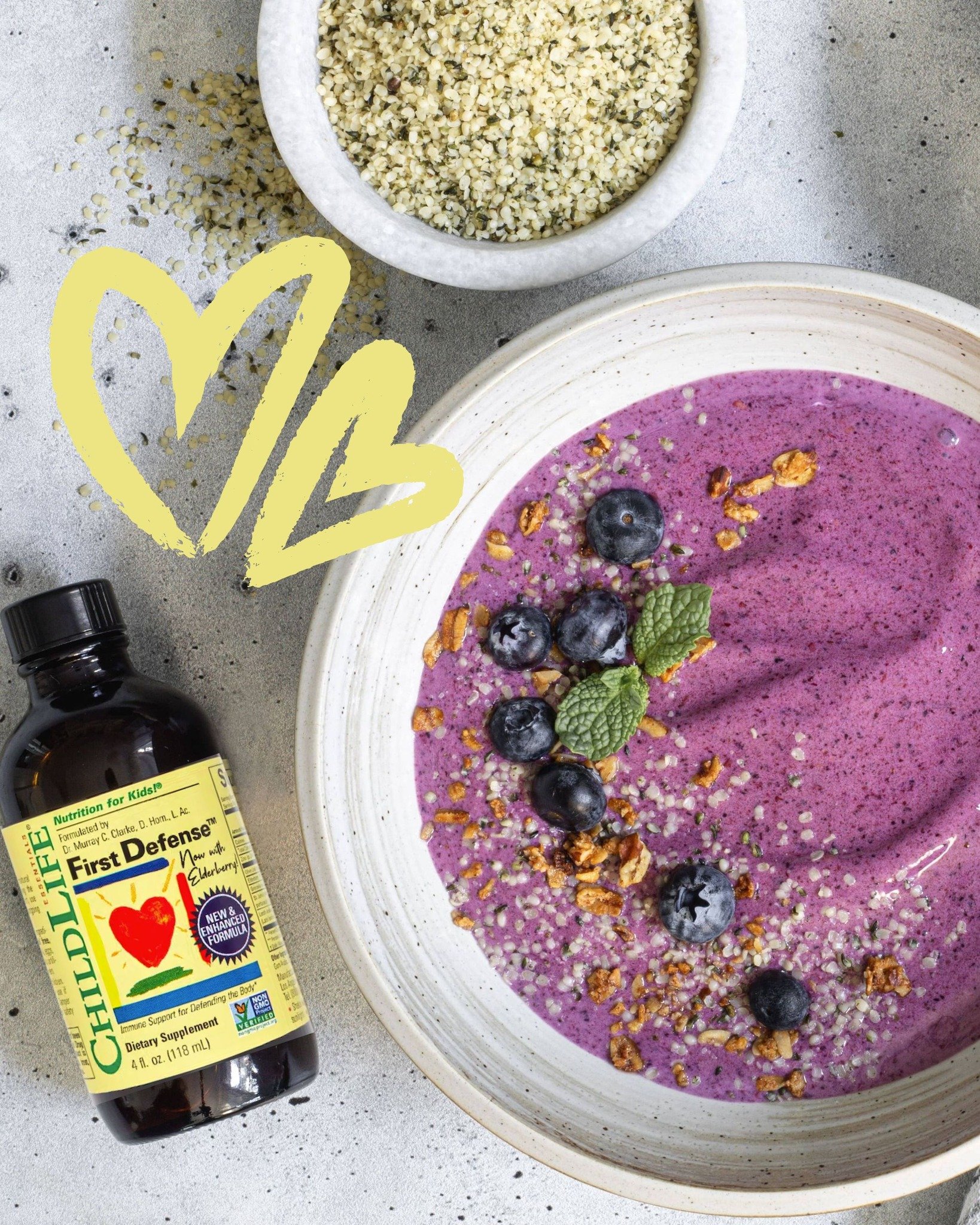 We wanted to share this easy and nutritious recipe for Berry Smoothie Bowls when your child is starting to feel sick - add Childlife Essentials First Defense.

Ingredients:
2 cups frozen mixed berries
1 frozen banana, cut into chunks
&frac34; cup mil