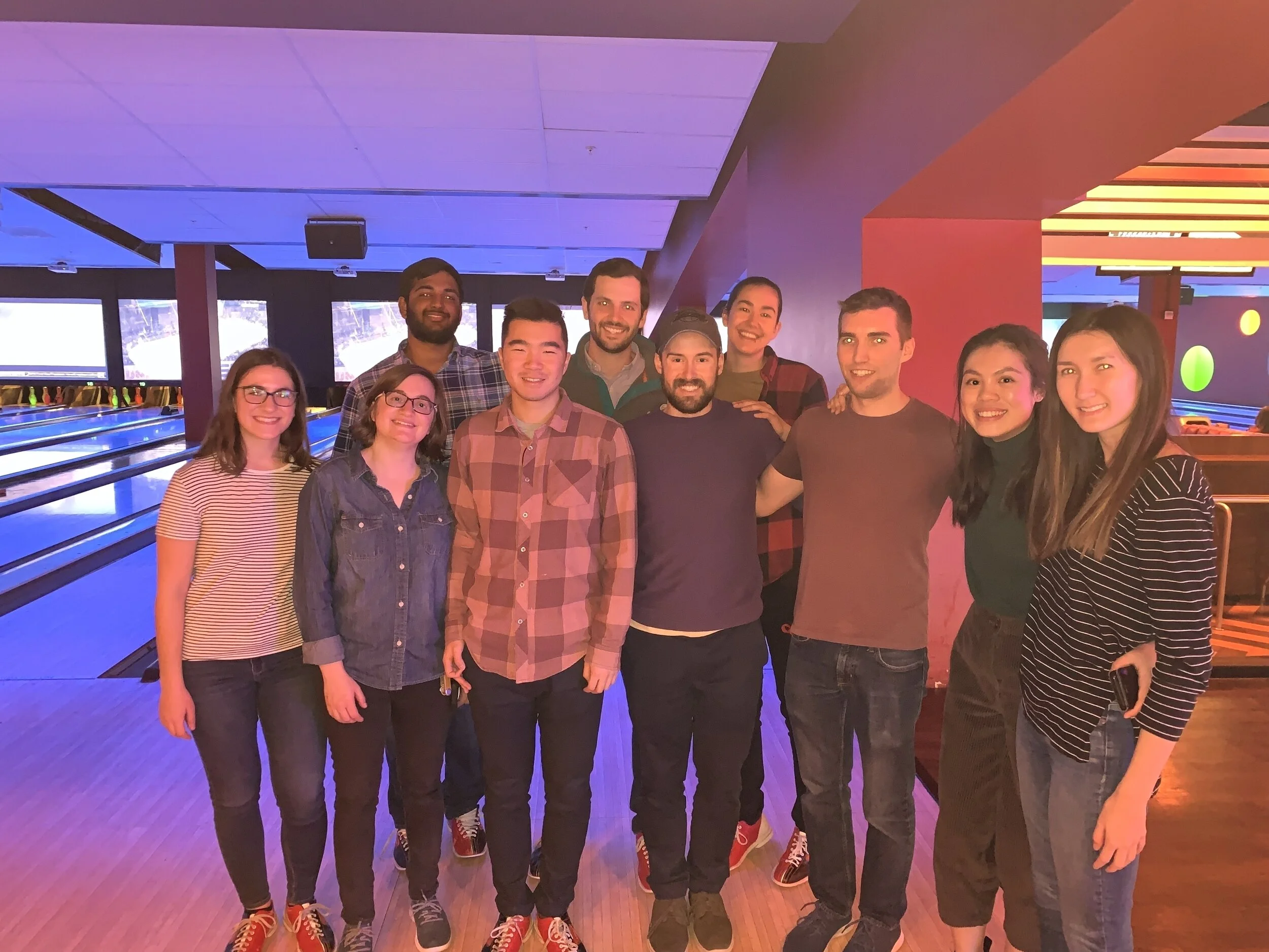 Date: 2/18/19
Location: Bowlmor Cupertino
First row (left to right): Jessica Frank (undergrad), Chelsea Kliebert, Robert Lee, Sean Hunter, Michael Hollander, Erin Soon (rotation student), Bri McIntosh
Second row (left to right): Sai Maddineni (underg