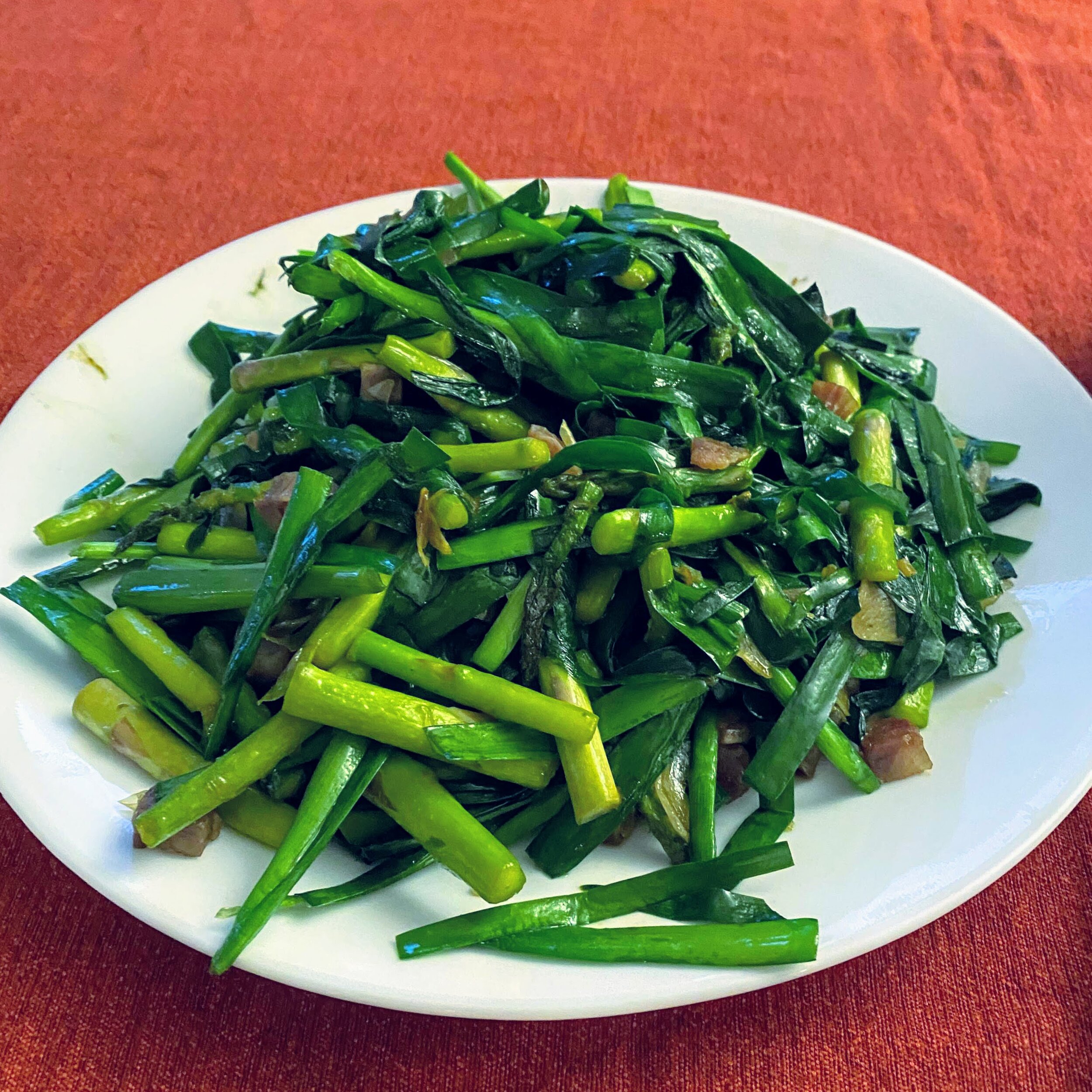 Asparagus, chives, sausage (no garlic scapes, but mimicked in look and flavor haha)