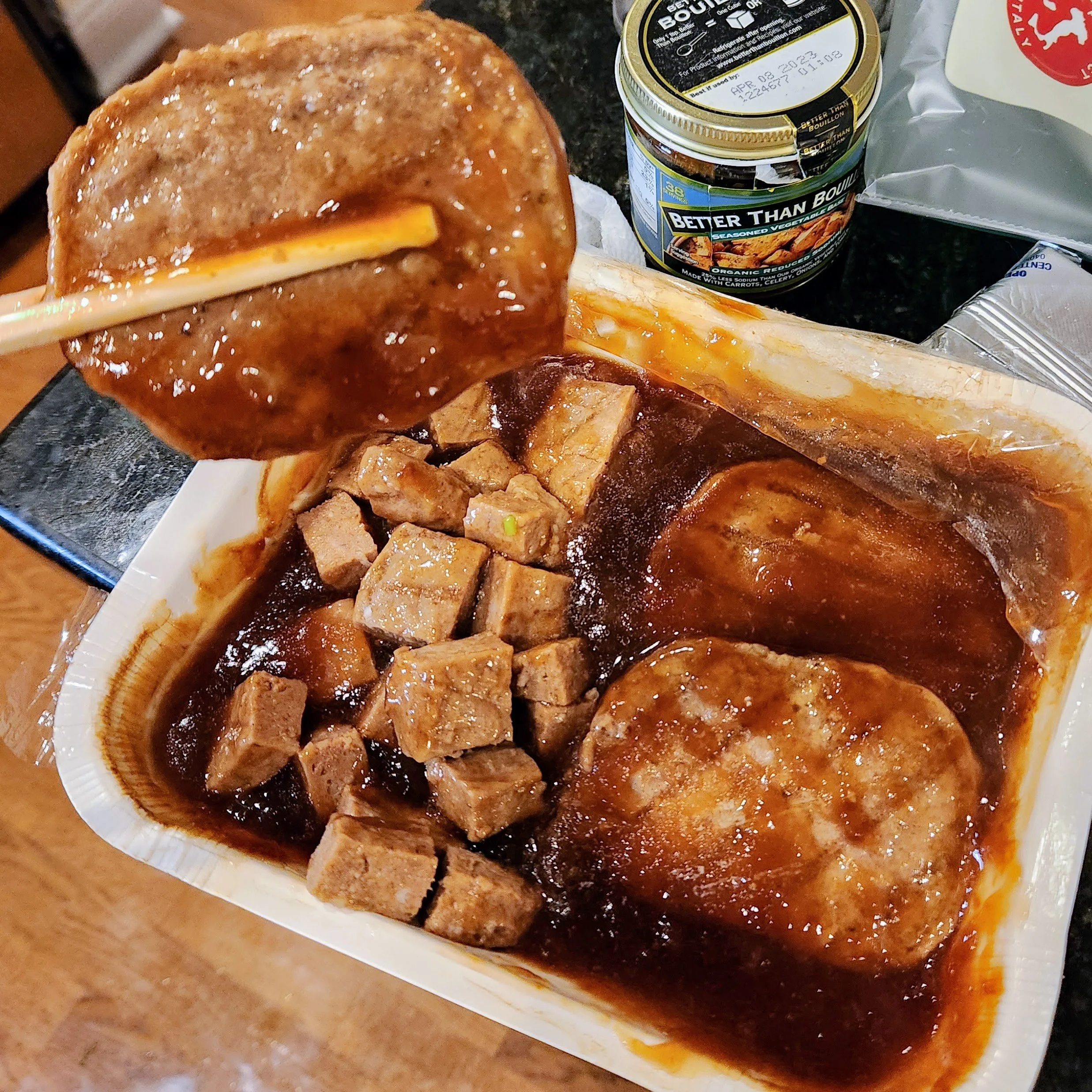 Glorious cubes of salisbury steak and gravy.