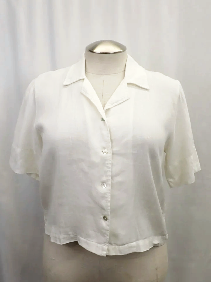 Contemporaine Linen White Short Sleeve Button-up Cropped Shirt (S)