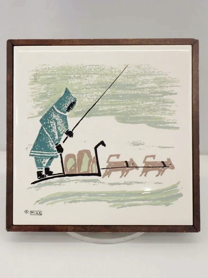 Mika Studio for Ornamin Inuit Sledding Scene Vintage Ceramic Tile Art