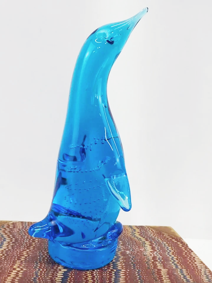 Controlled Bubble Art Glass Sky Blue Penguin