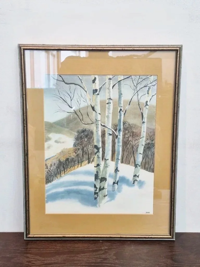 Vintage Winter Birch Landscape Original Signed Watercolour