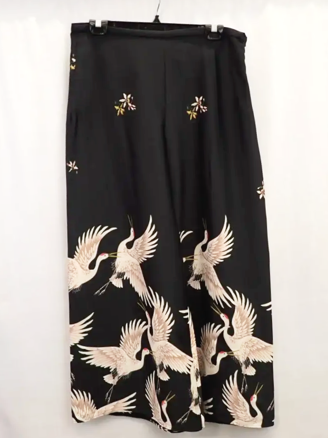 (NEW) Zara Black Oriental Crane Print High Waist Wide Leg Pants (XL)
