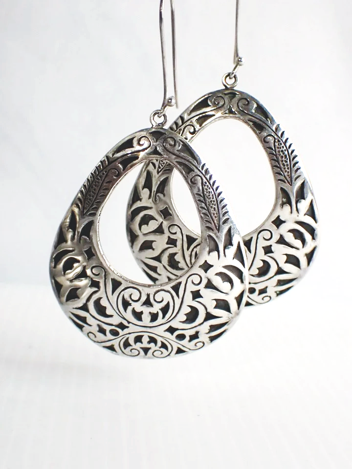 925 Silver Ornate Scroll Elongated Hoop Scroll Earrings
