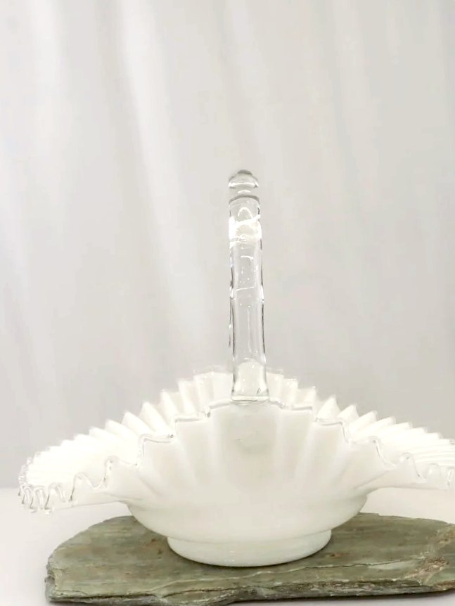 Fenton Silver Crest Vintage White Milk Glass Ruffled Edge Clear Handle Basket