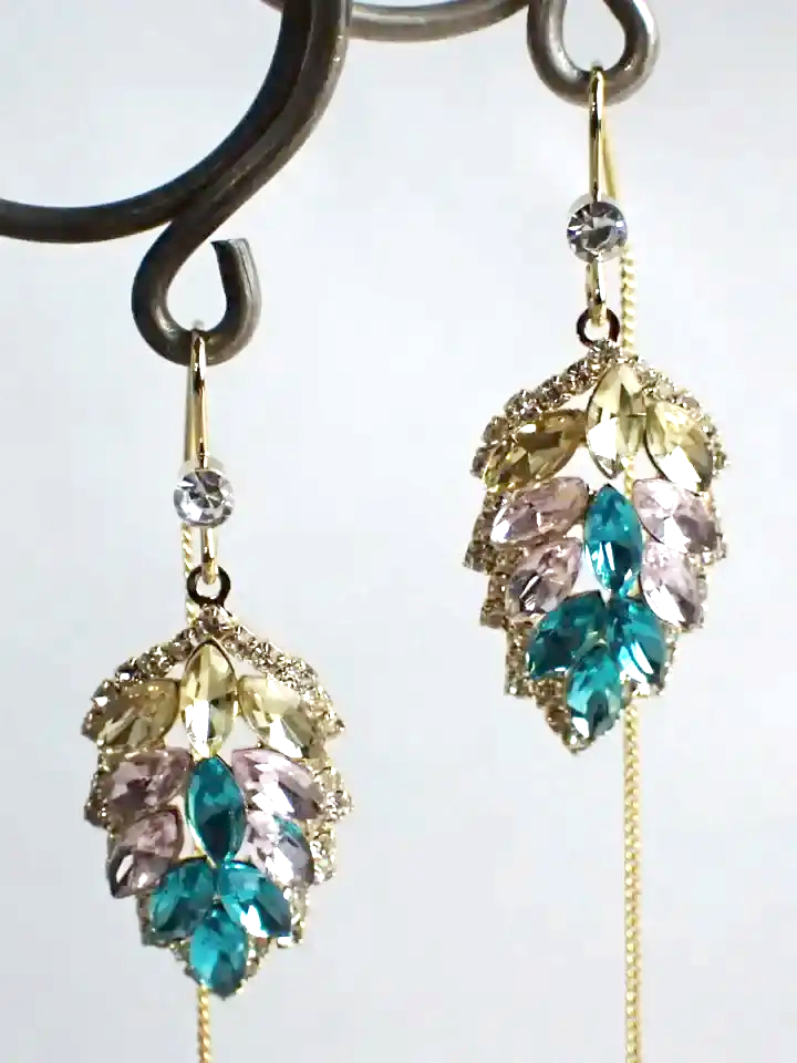 925 Silver Threader Gold Tone Leaf Crystal Earrings