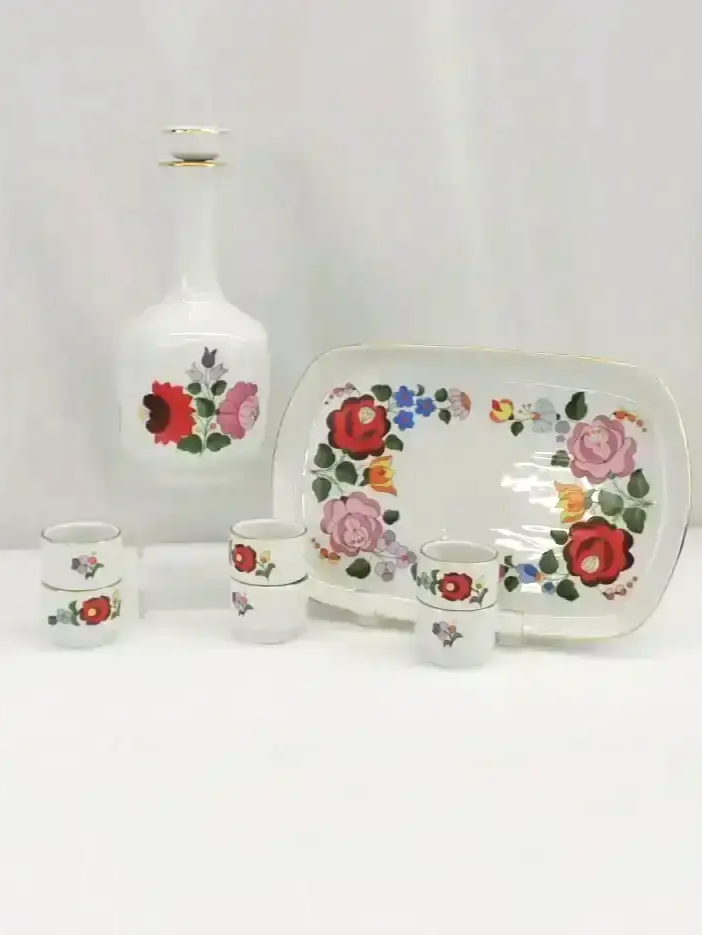 Vintage Kalocsa Handpainted Porcelain Decanter Tray set