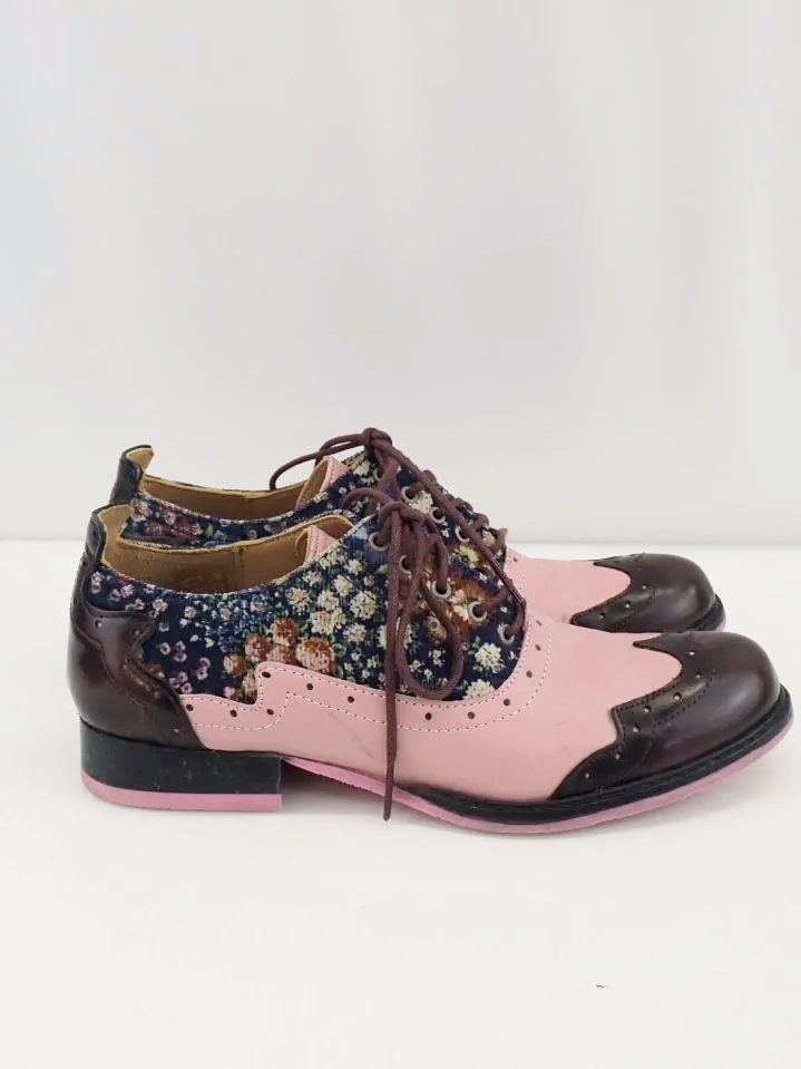 John Fluevog Pink/Floral Biblio Cole Lace-up Wingtip Brogues Shoes (7.5)