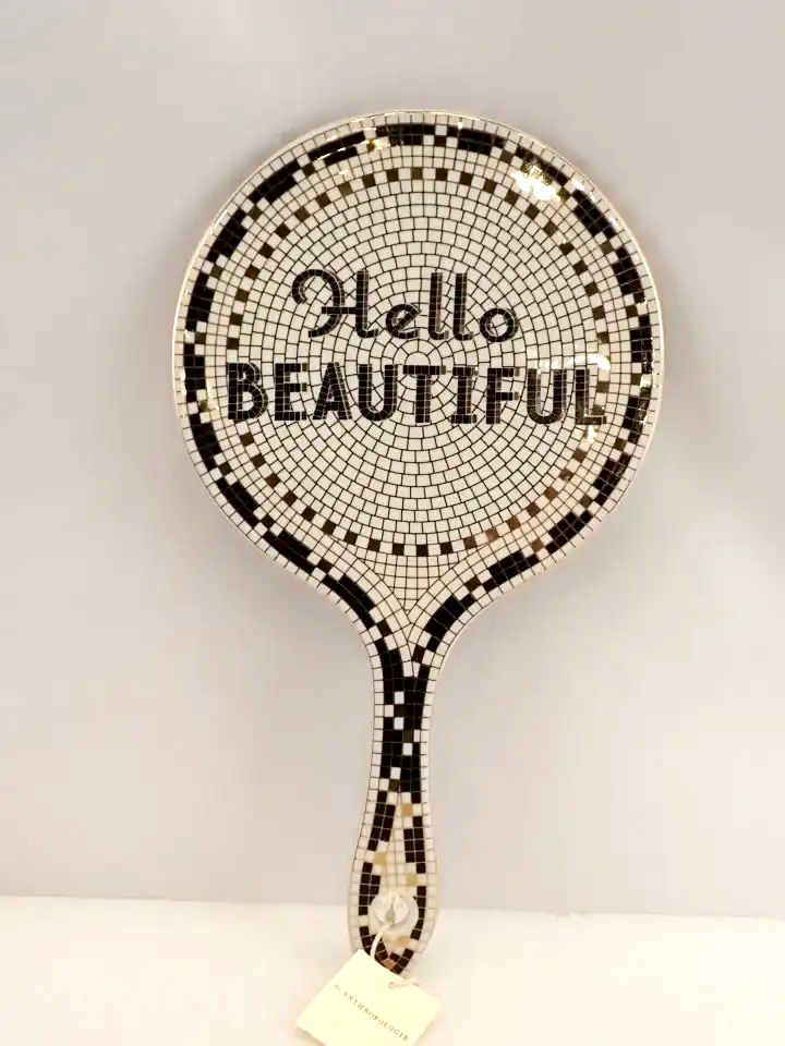 (NEW) Anthropologie Mosaic Bistro Tile "Hello Beautiful" Hand Mirror